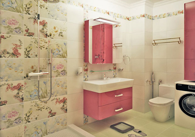 Flowered Tiles Bathroom With Green Vanity