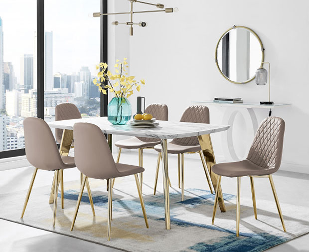 Andria Gold Leg Marble Effect Dining Table and 6 Corona Gold Leg Chairs