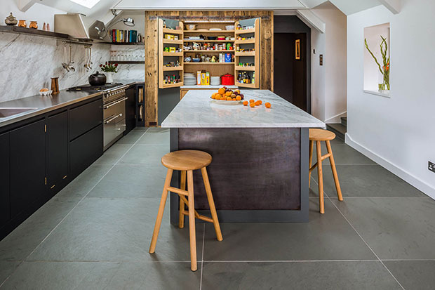 Steel, Marble, Reclaimed Wood Kitchen